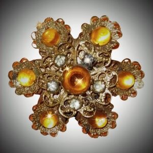 Vintage Gold Flower & Topaz Rhinestone Brooch